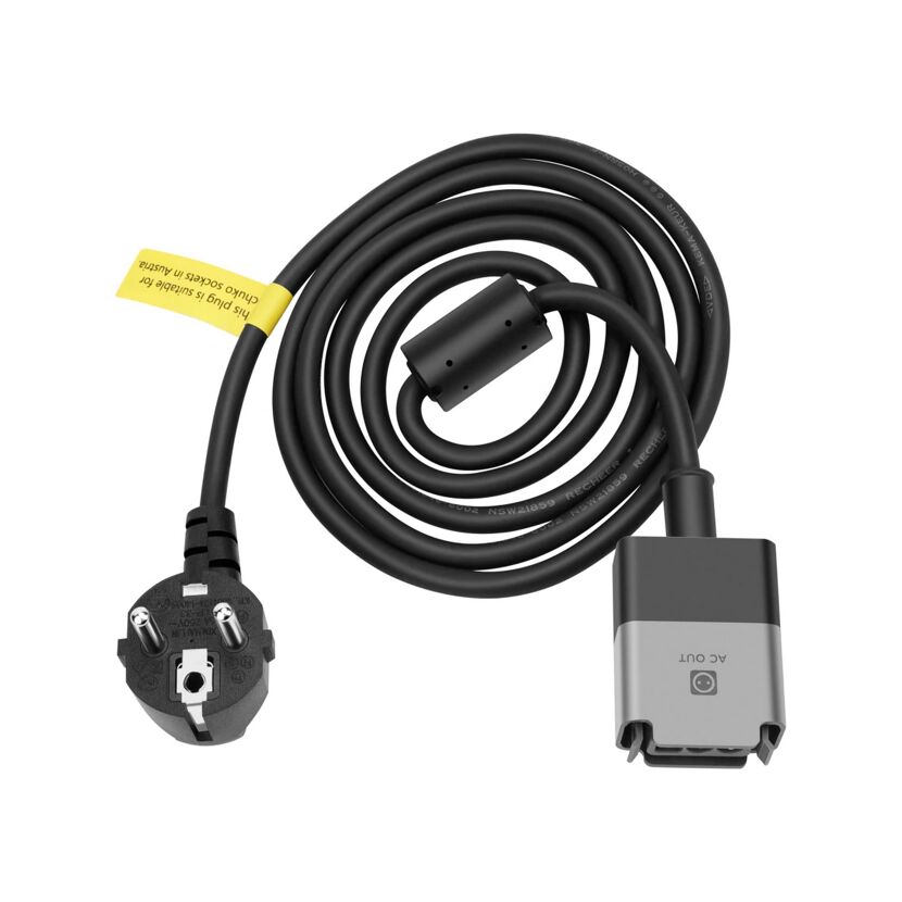 Schwarzes Netzkabel mit Eurostecker und AC-OUT-Buchse