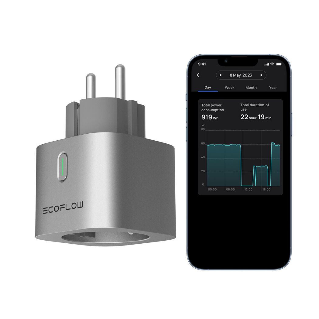 EcoFlow Smart Plug und Smartphone mit Energieverbrauchsdaten