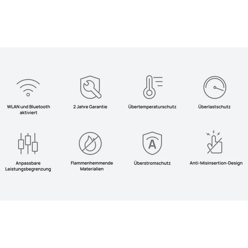 WLAN, Bluetooth, 2 Jahre Garantie, Übertemperaturschutz, Überlastschutz, Anpassbare Leistungsbegrenzung, Flammenhemmende Materialien, Überstromschutz, Anti-Misinsertion-Design