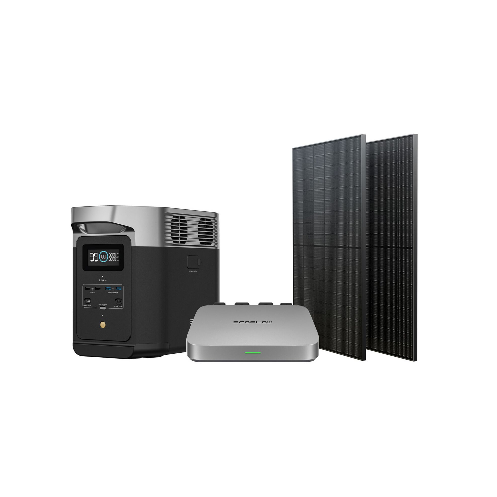 EcoFlow DELTA 2 mit zwei Solarpanelen und Smart Home Panel
