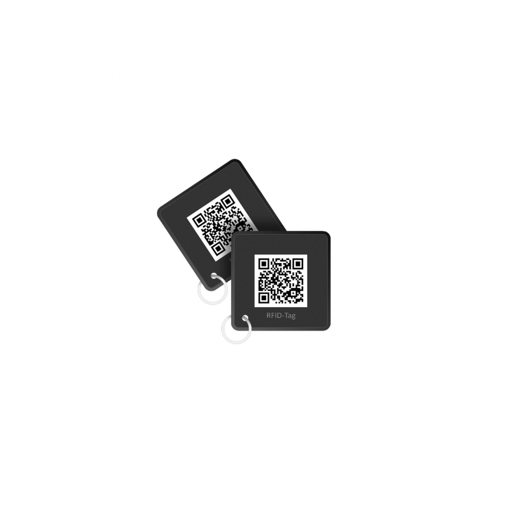Zwei schwarze RFID-Tags mit QR-Code und Schlüsselring