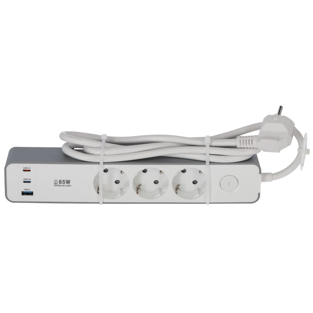 Steckdosenleiste mit Schalter und 3 USB-Ports weiß/grau 3-fach