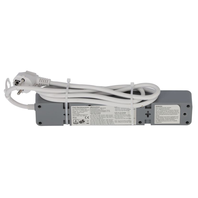 Steckdosenleiste mit Schalter und 3 USB-Ports weiß/grau 3-fach