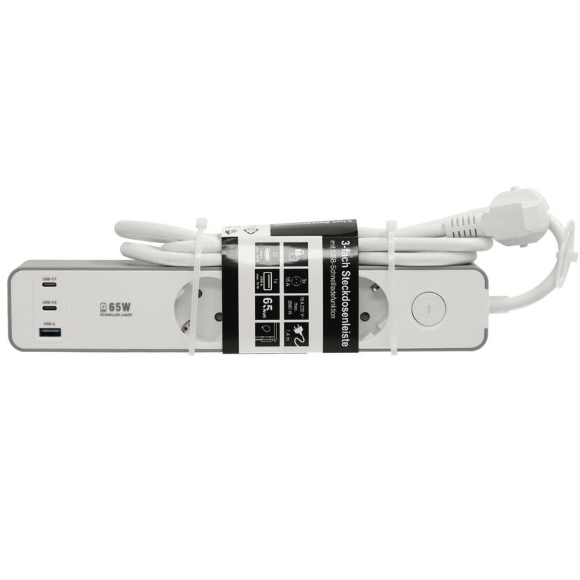 Steckdosenleiste mit Schalter und 3 USB-Ports weiß/grau 3-fach