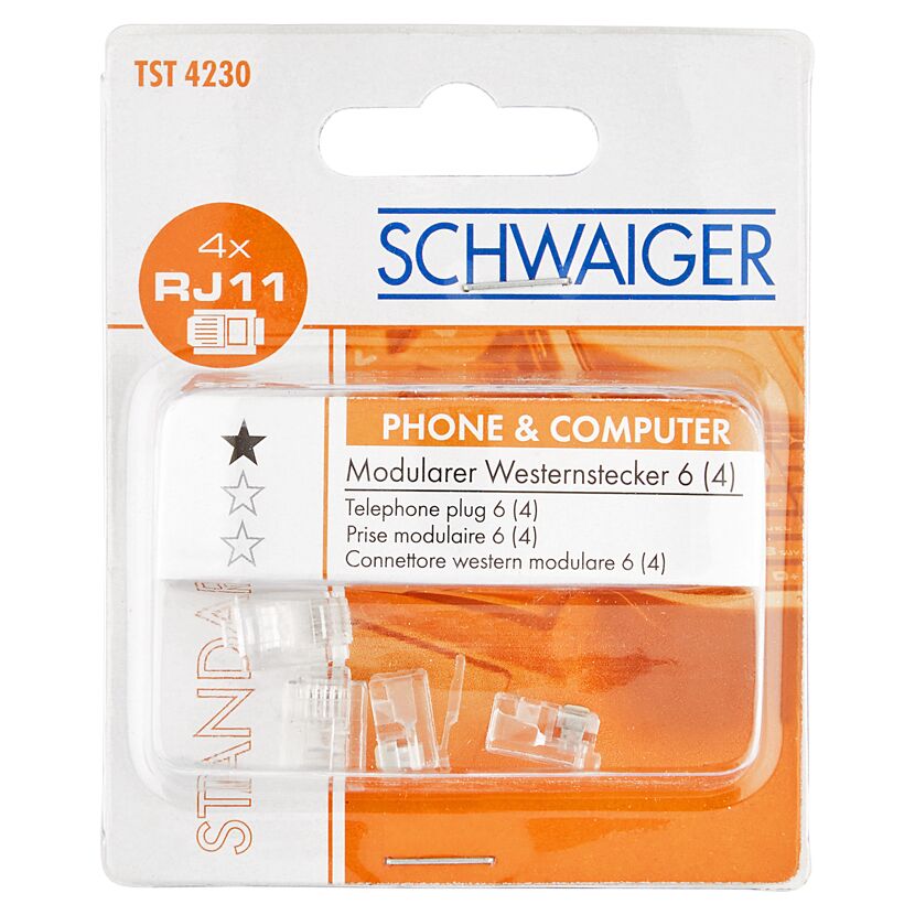 Vier RJ11-Modularstecker in einer Verpackung