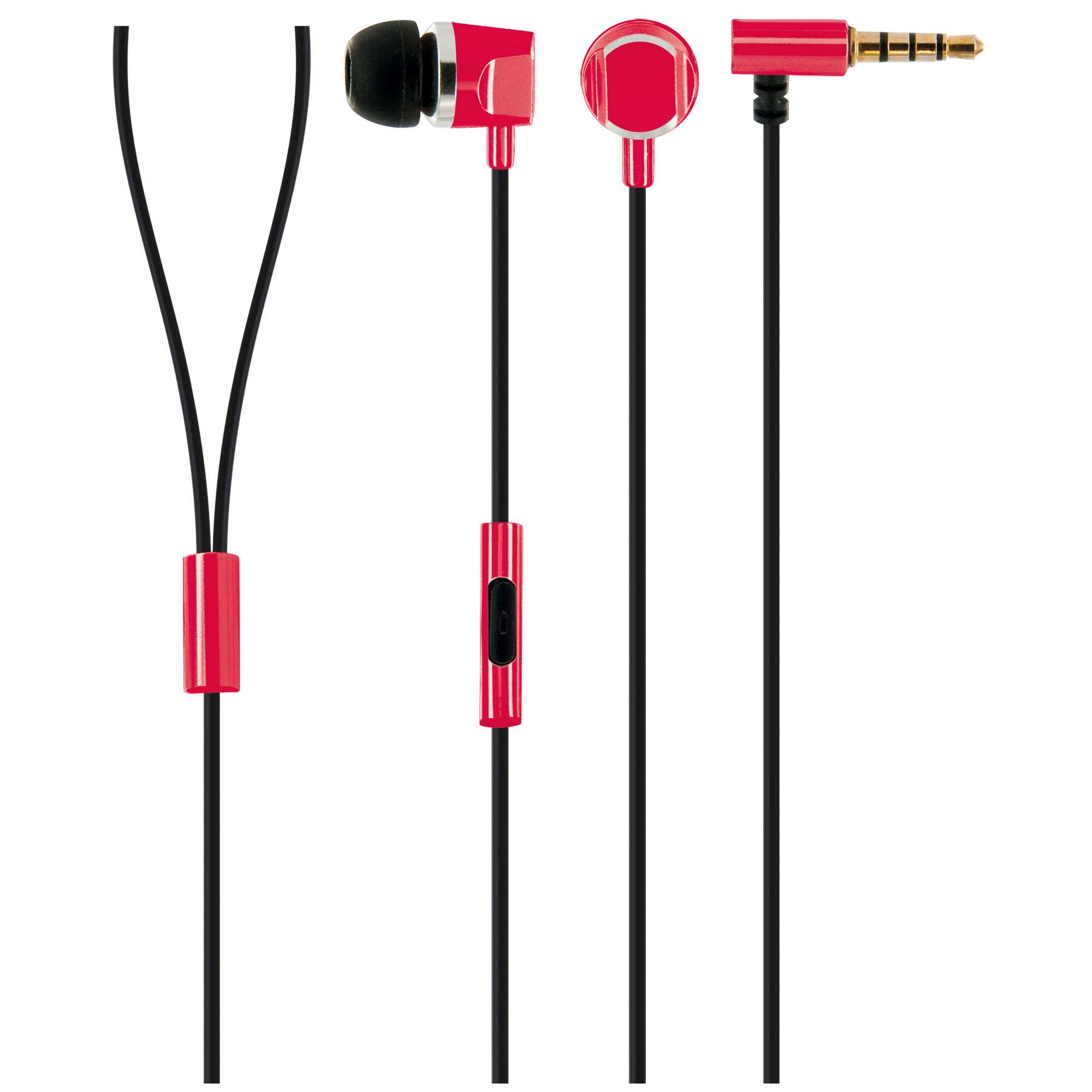 Rote In-Ear-Kopfhörer mit Kabel und Stecker.