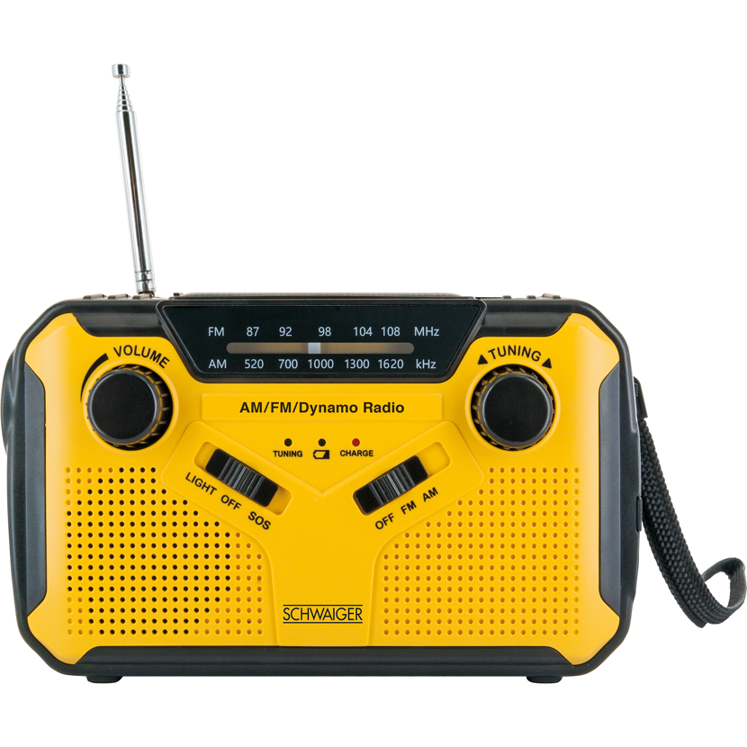 Gelbes Solar-Kurbelradio mit Kurbel, Antenne und Display.