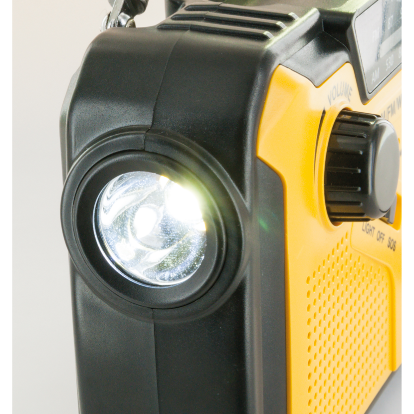 Eingeschaltetes Solar-Kurbelradio mit LED-Leuchte