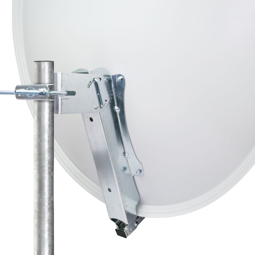 Weiße Satellitenschüssel an Metallstange befestigt