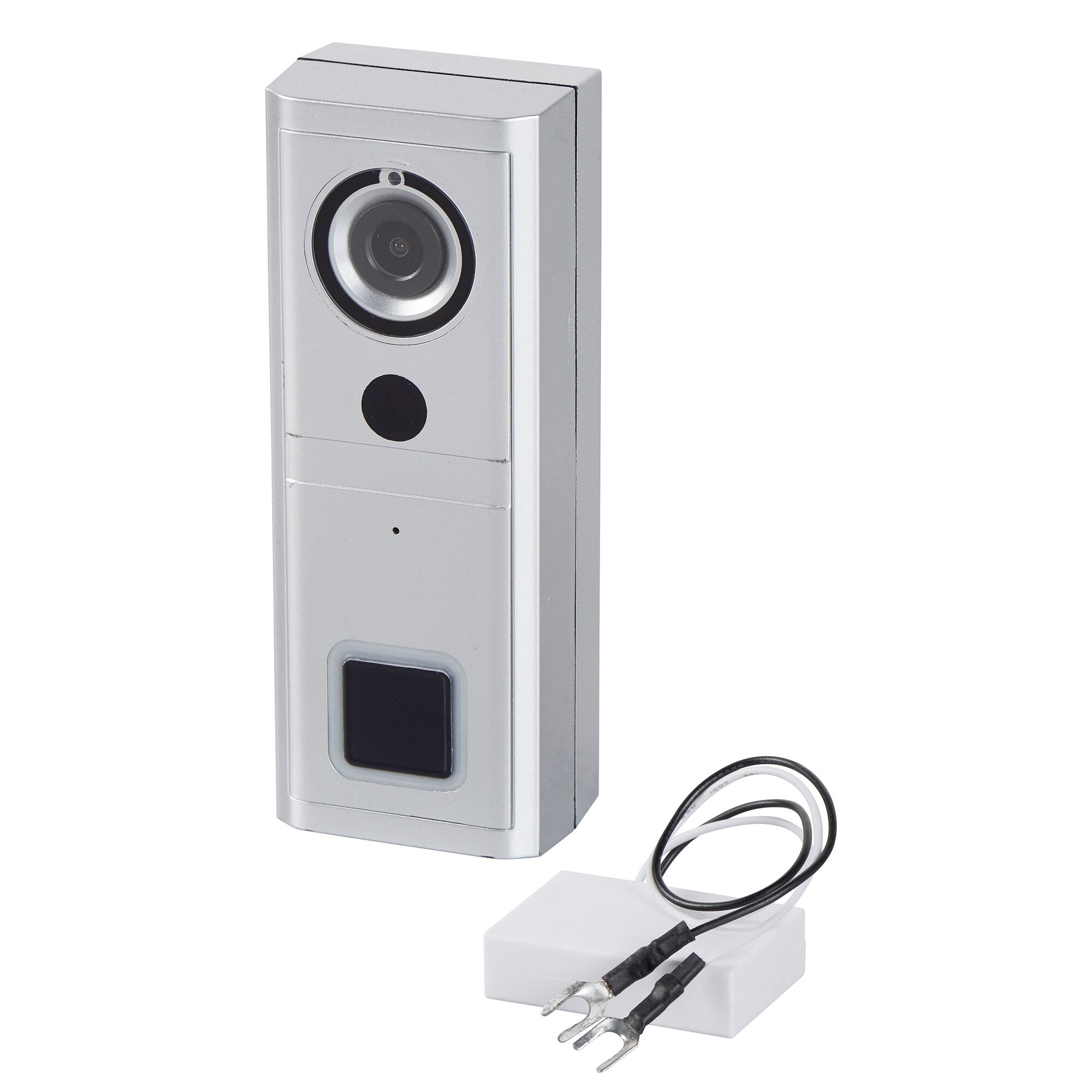 Silberne Video-Türklingel mit Kamera und Klingelknopf