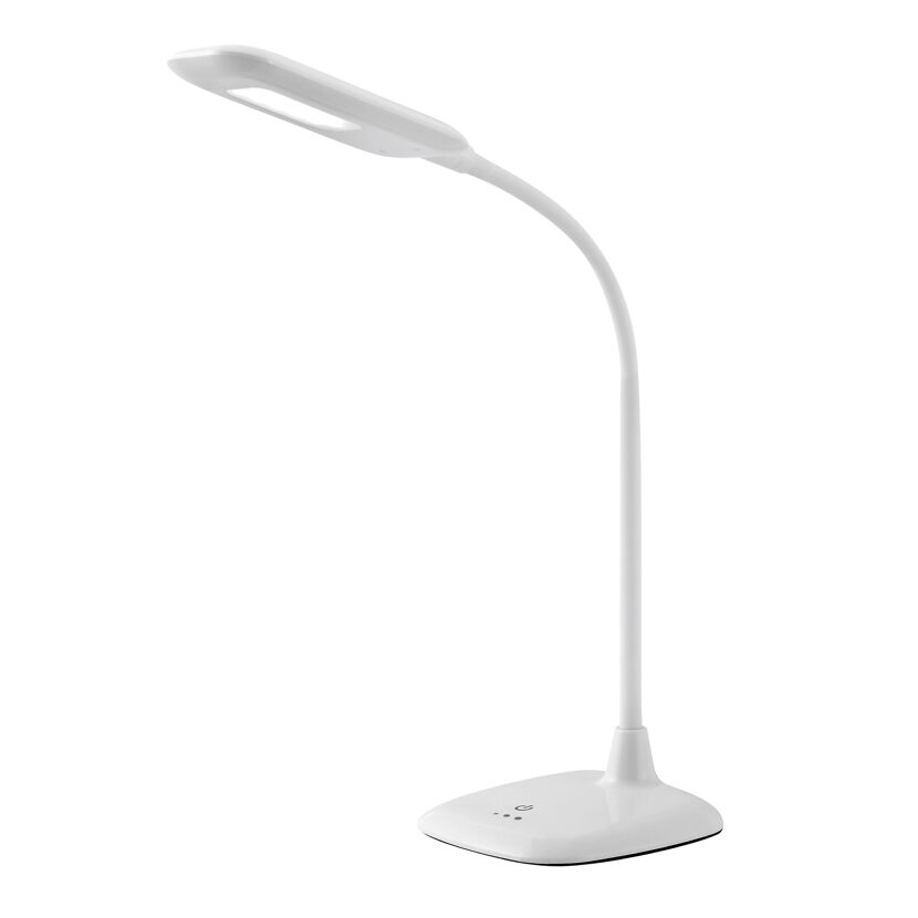 Weiße LED-Schreibtischleuchte mit flexiblem Arm.