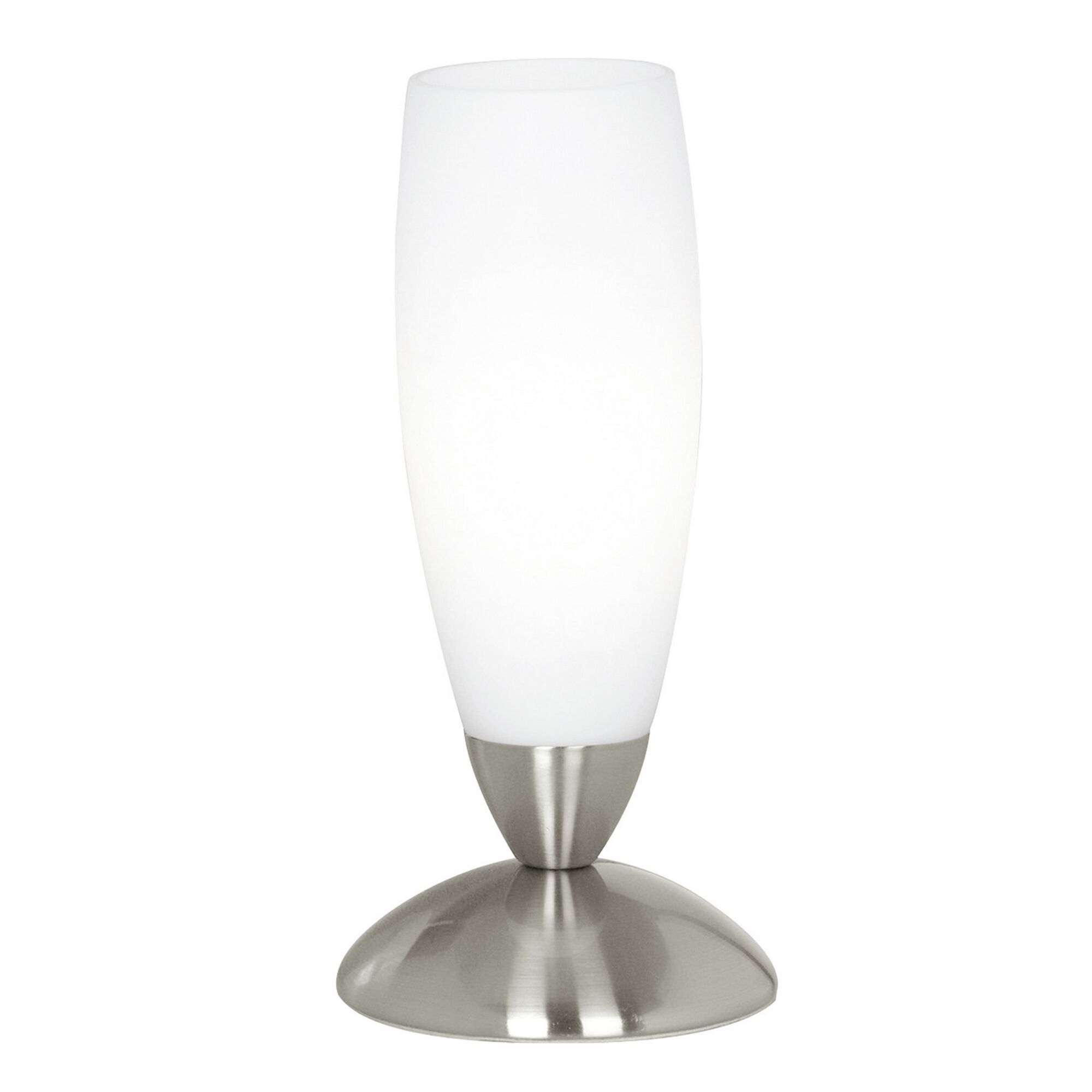 Eine schlanke Nickel-Tischleuchte mit weißem Lampenschirm.