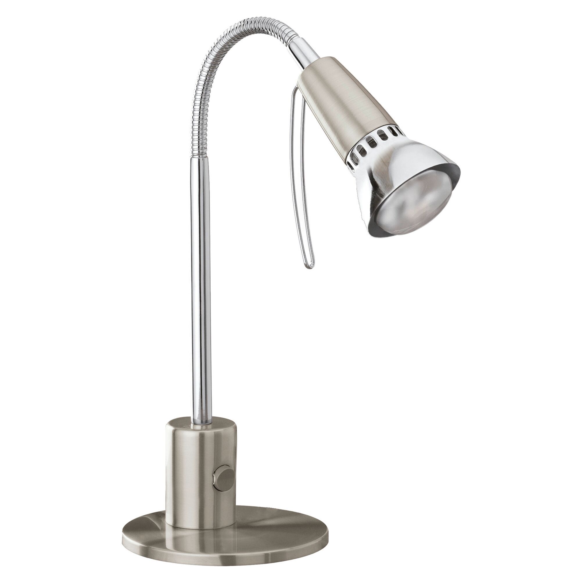 Nickel-matte Tischleuchte Fox mit Chrom-Details.