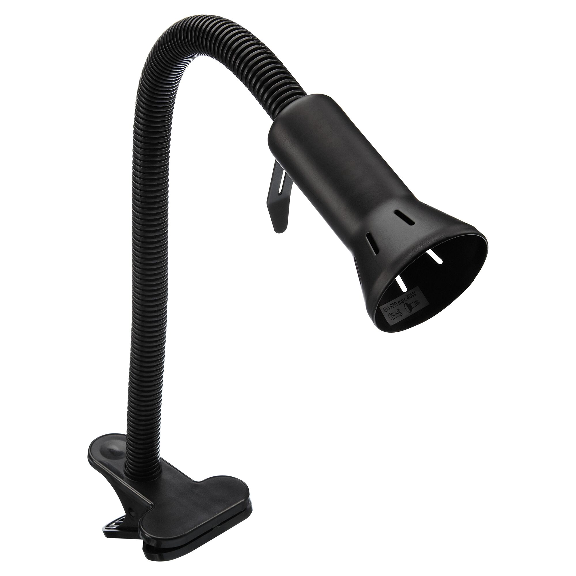 Schwarze Klemmleuchte mit flexiblem Arm