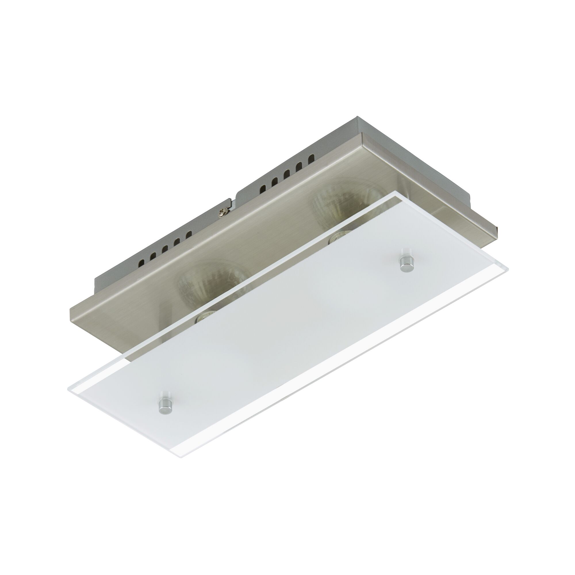 Nickel Deckenleuchte mit zwei Leuchten und weißem Glas