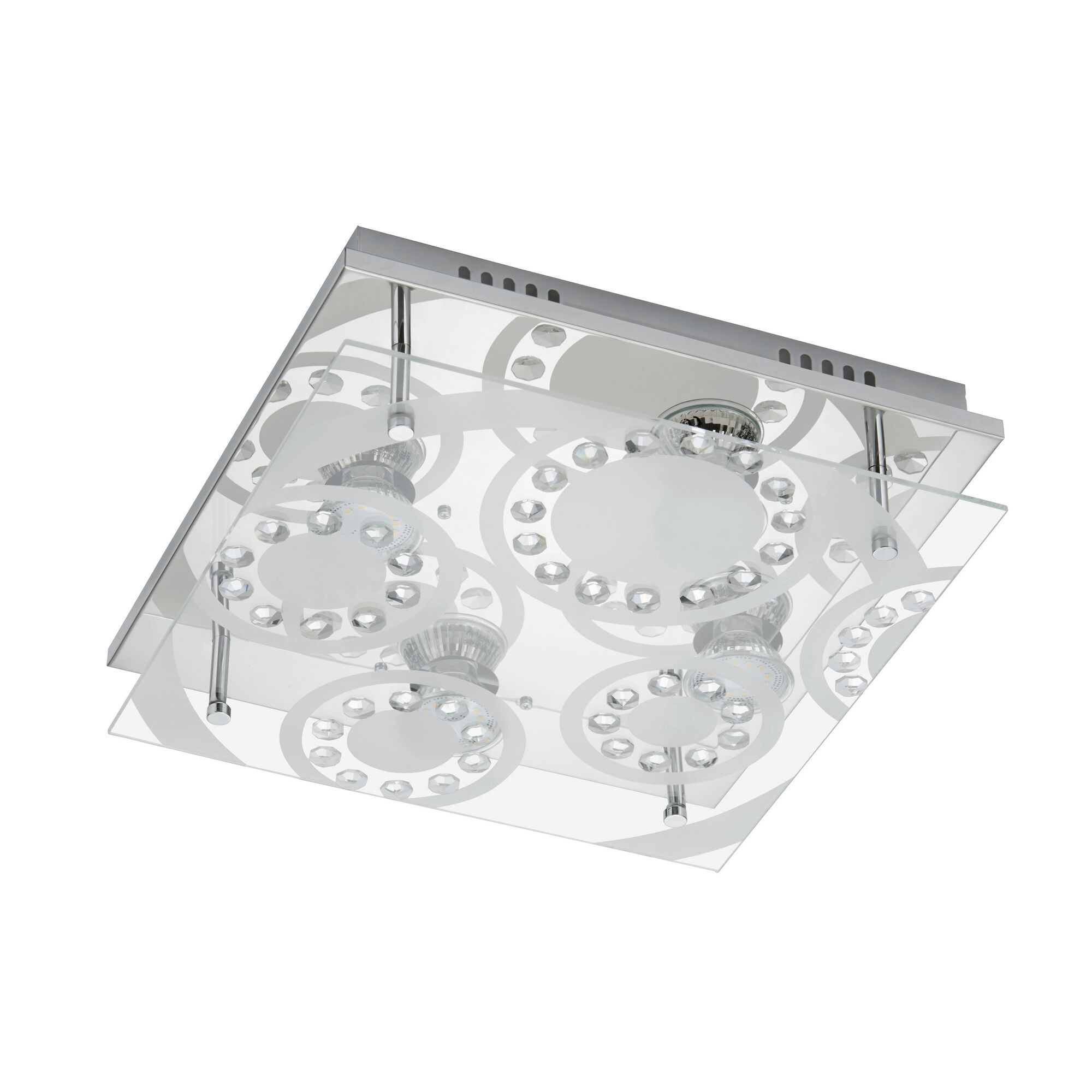 Quadratische Deckenleuchte aus Chrom und Glas mit LED-Leuchtmitteln