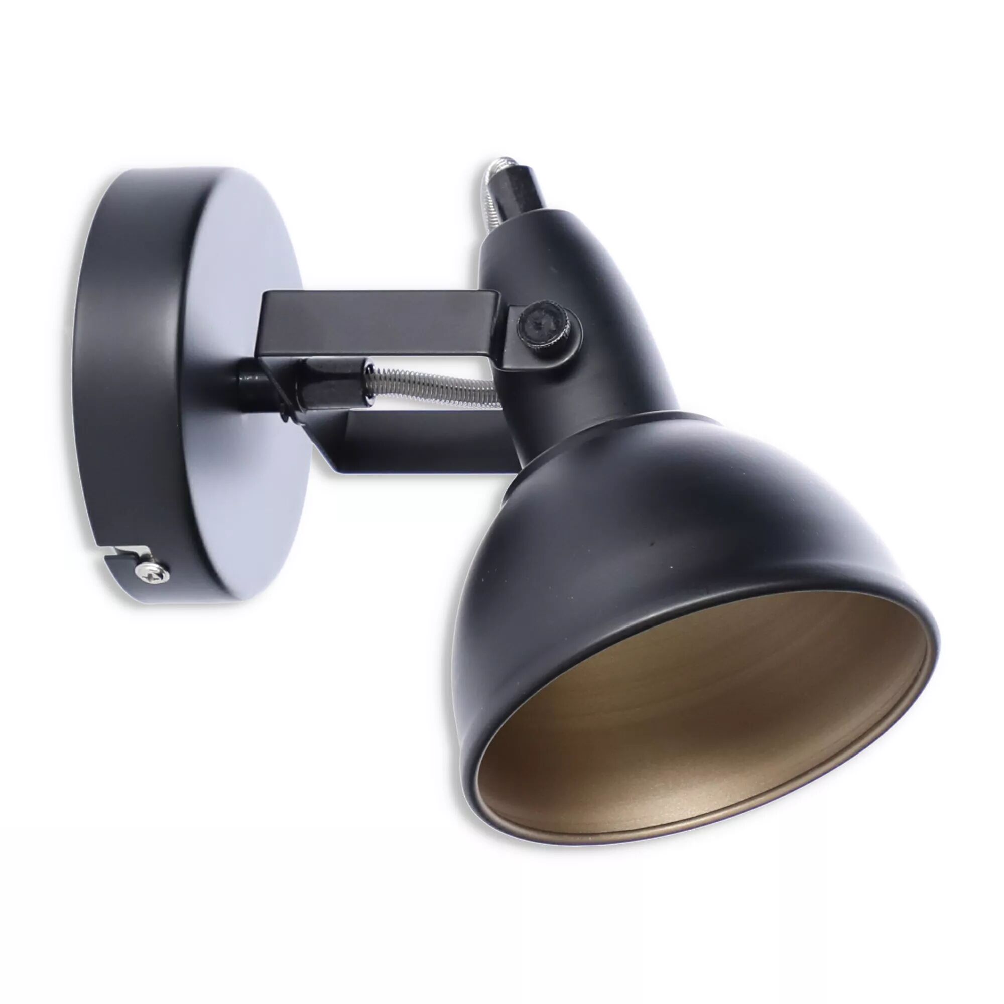 Schwarze Wandleuchte mit goldfarbenem Lampenschirm.