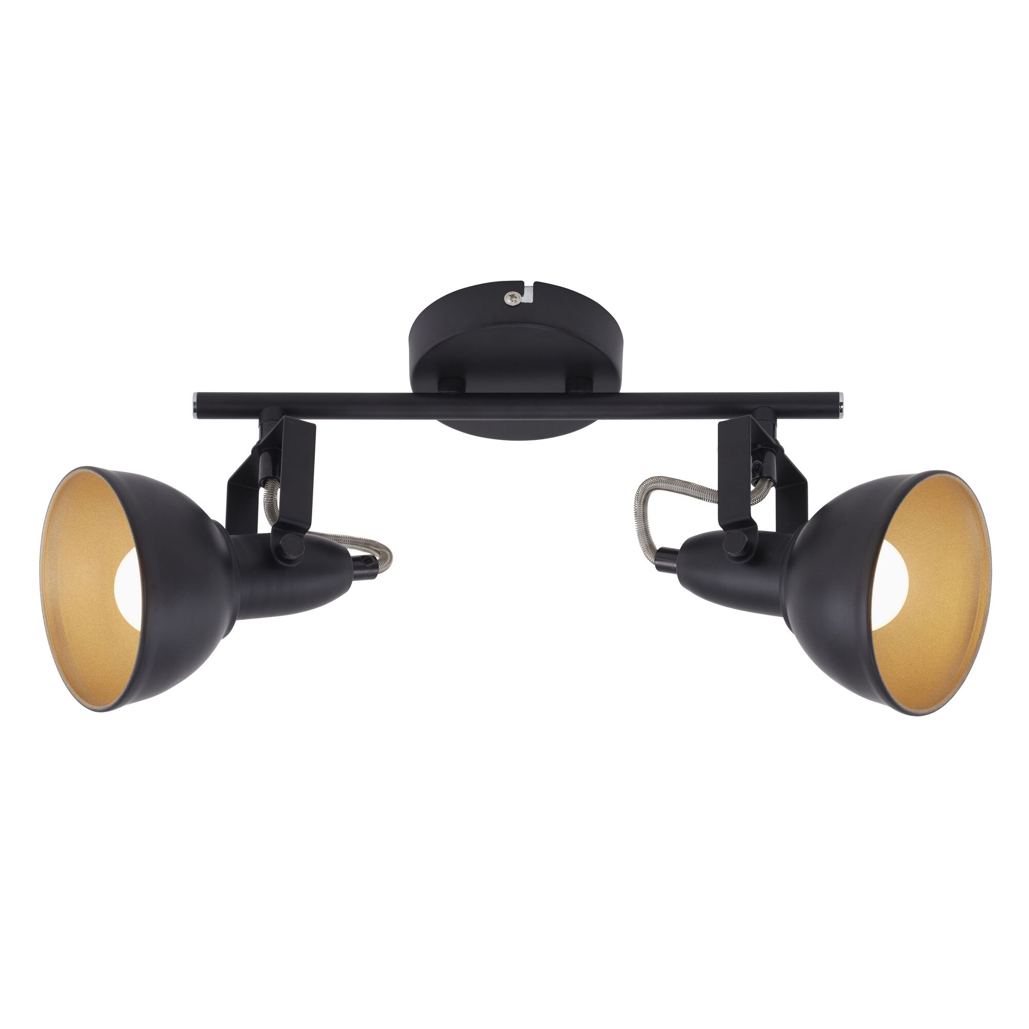 Schwarze Deckenleuchte mit zwei goldenen Strahlern