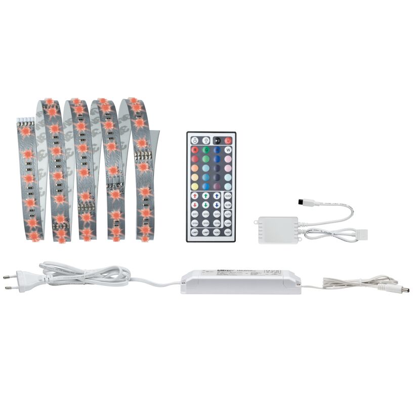 LED-Streifen, Netzteil, Fernbedienung und Kabel.