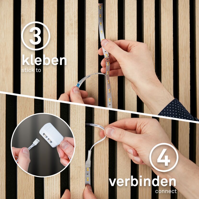 Person befestigt LED-Strip an Wand