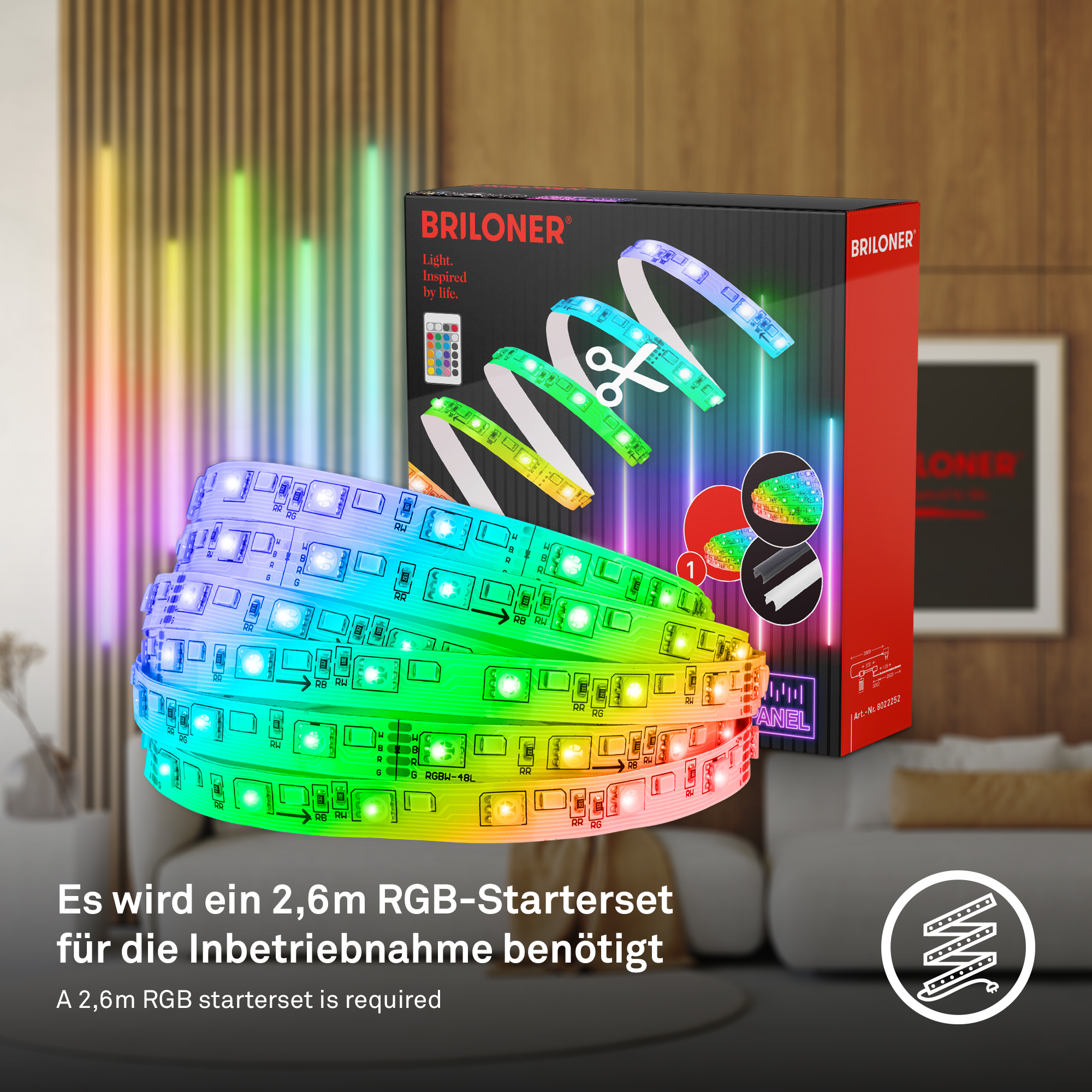 LED Stripe Starter-Set 'Pimp your Panel' RGB/W 250 lm 3000 K einstellbares weiß 2,6 m 230V mit Fernbedienung geeignet für Akustikpaneele + product picture