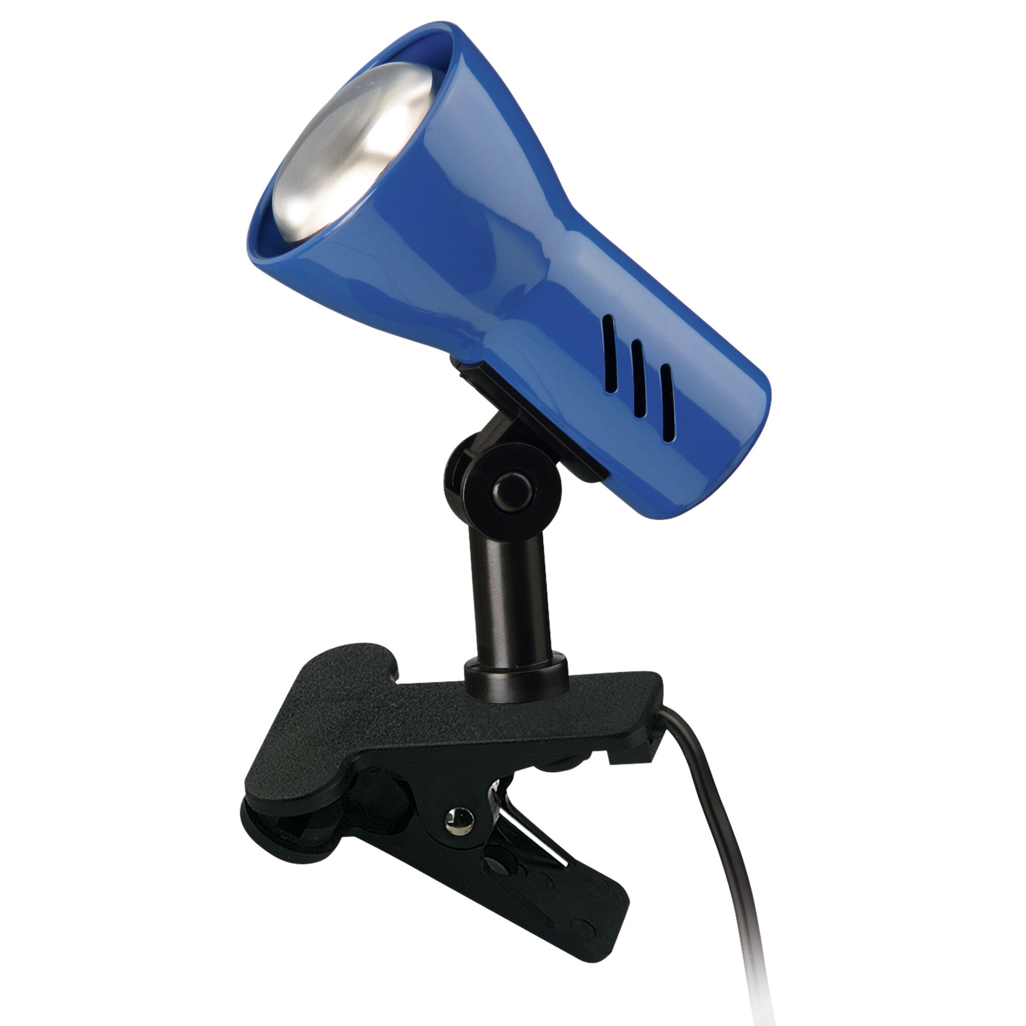Blaue Klemmleuchte mit schwarzer Klemme