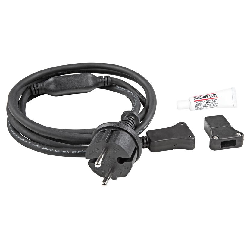 Netzkabel mit Stecker, Buchse und Silikonkleber