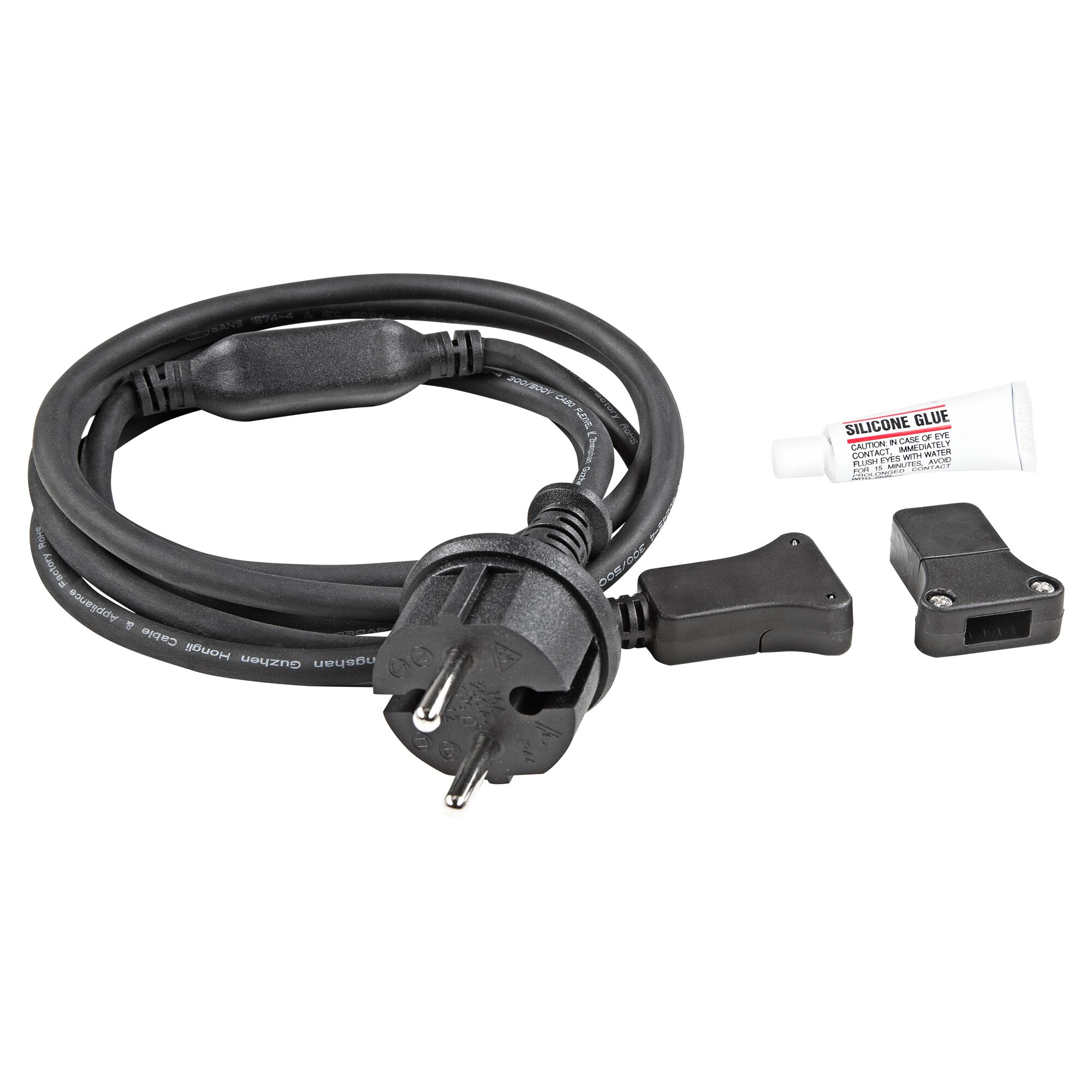 Netzkabel mit Stecker, Buchse und Silikonkleber