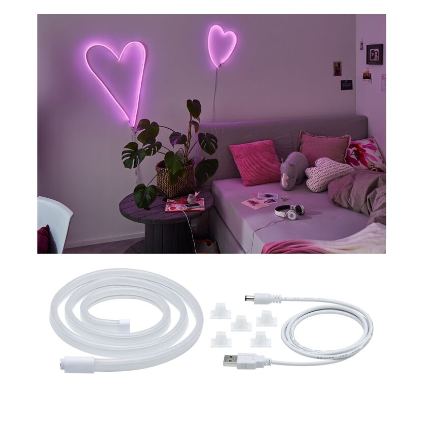 Zwei pinke Neon-Herzen und ein Neon-Strip