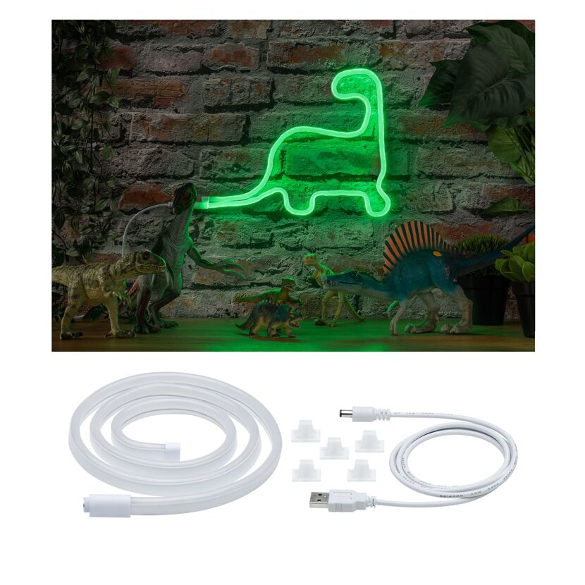 Grüner Neon-Dinosaurier und Zubehör.
