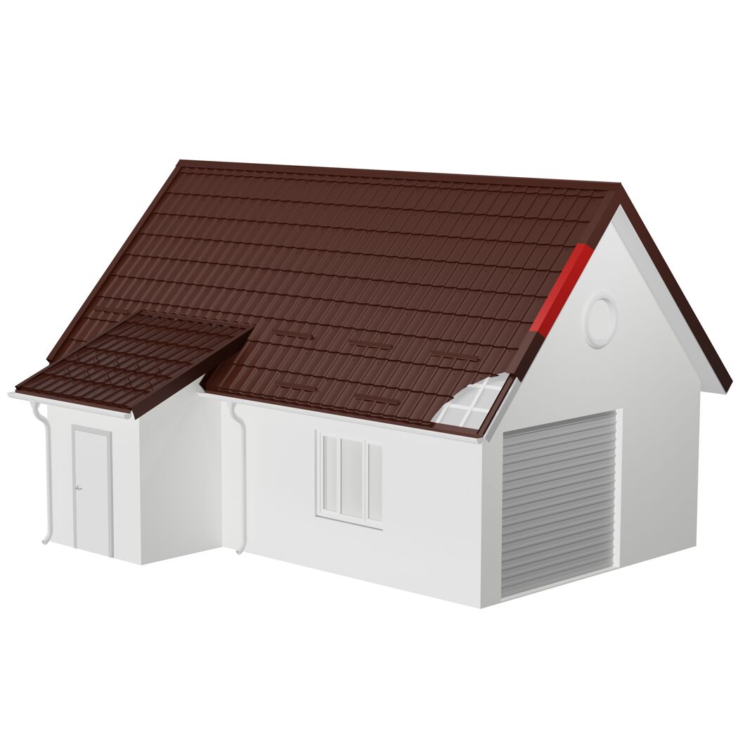 Haus mit braunem Dach, teilweise abgedeckt.