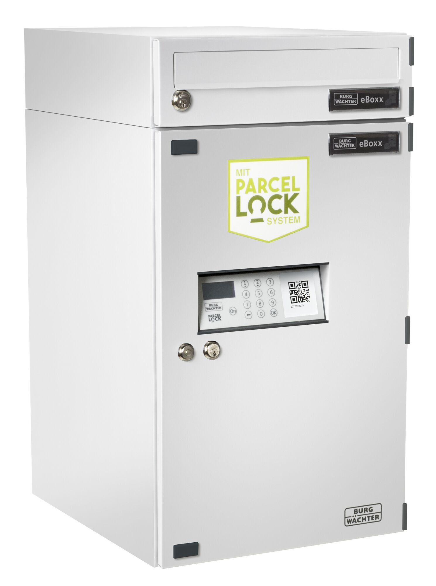 Weiße Paketbox von Burg Wächter mit Parcel Lock System.