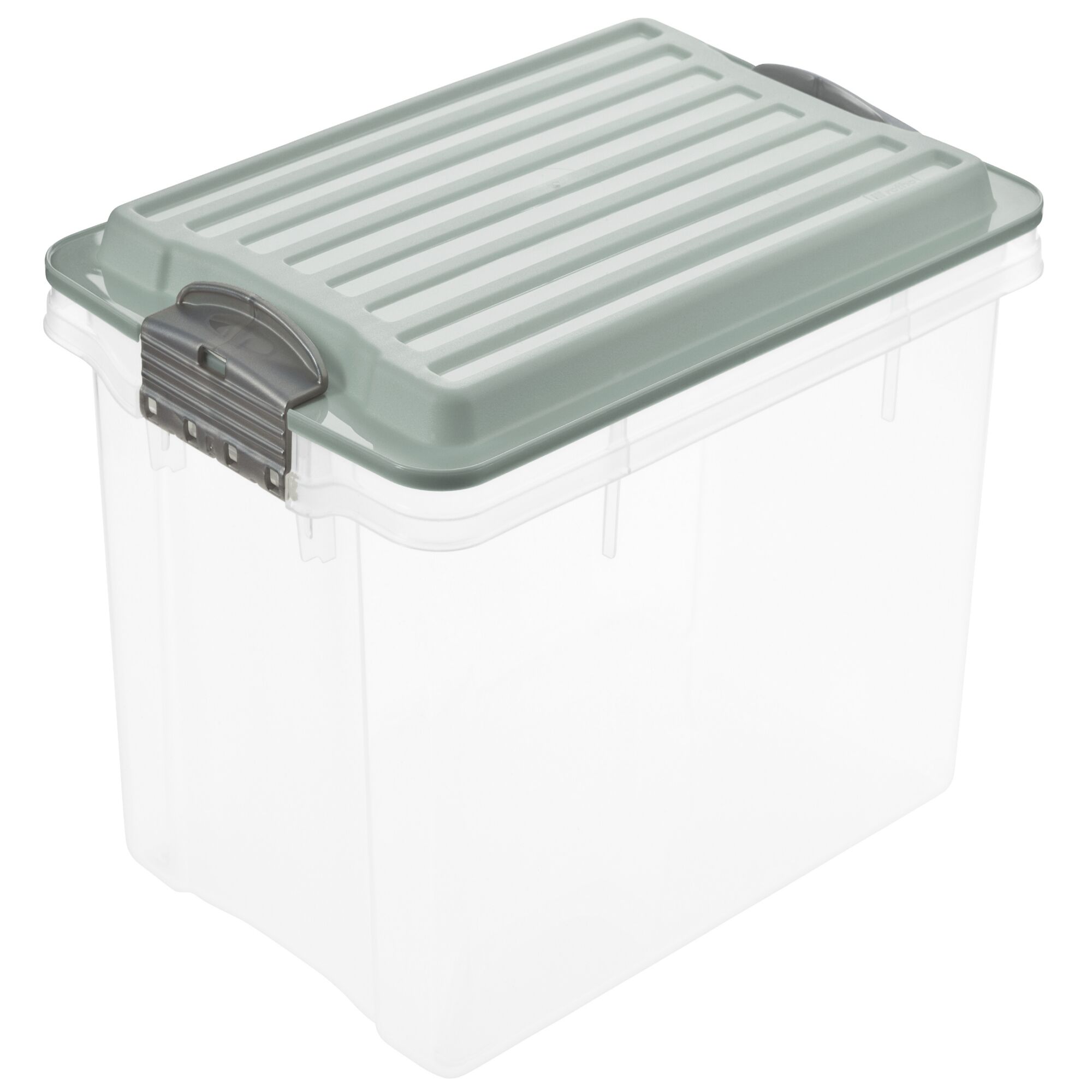 Eine transparente Aufbewahrungsbox mit grauem Deckel.