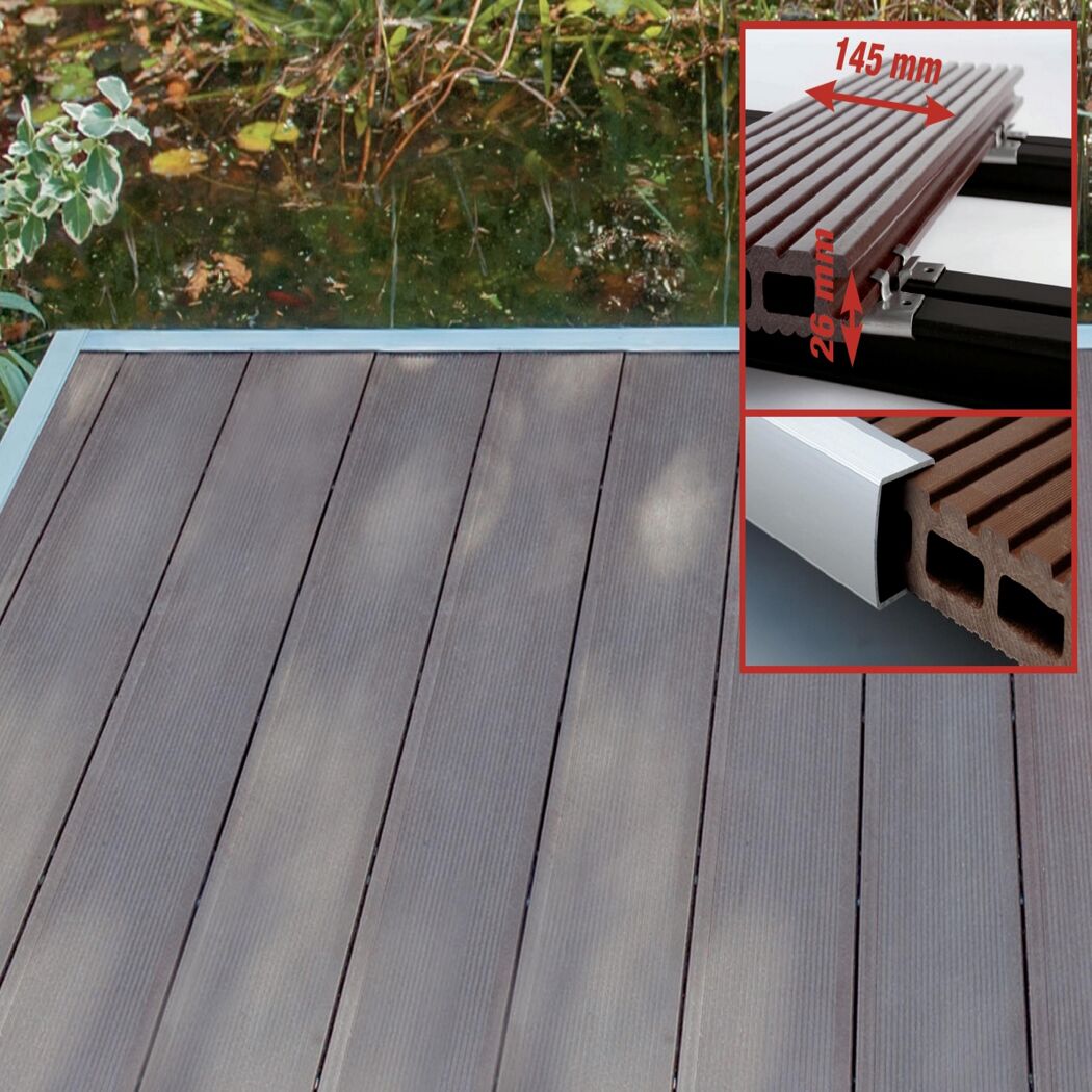 Braune Terrassendielen aus Holzverbundstoff mit Maßen