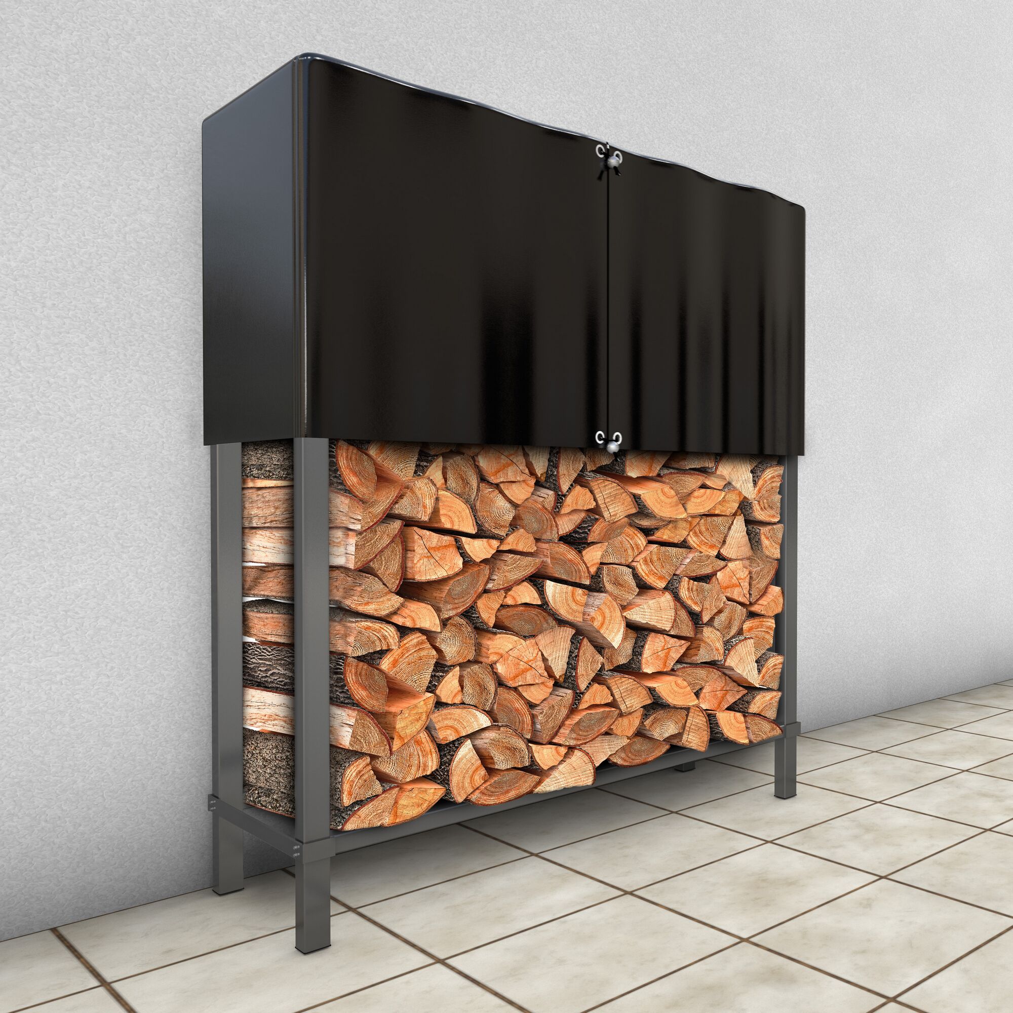 Holzstapel in einem Feuerholzregal mit schwarzer Abdeckung