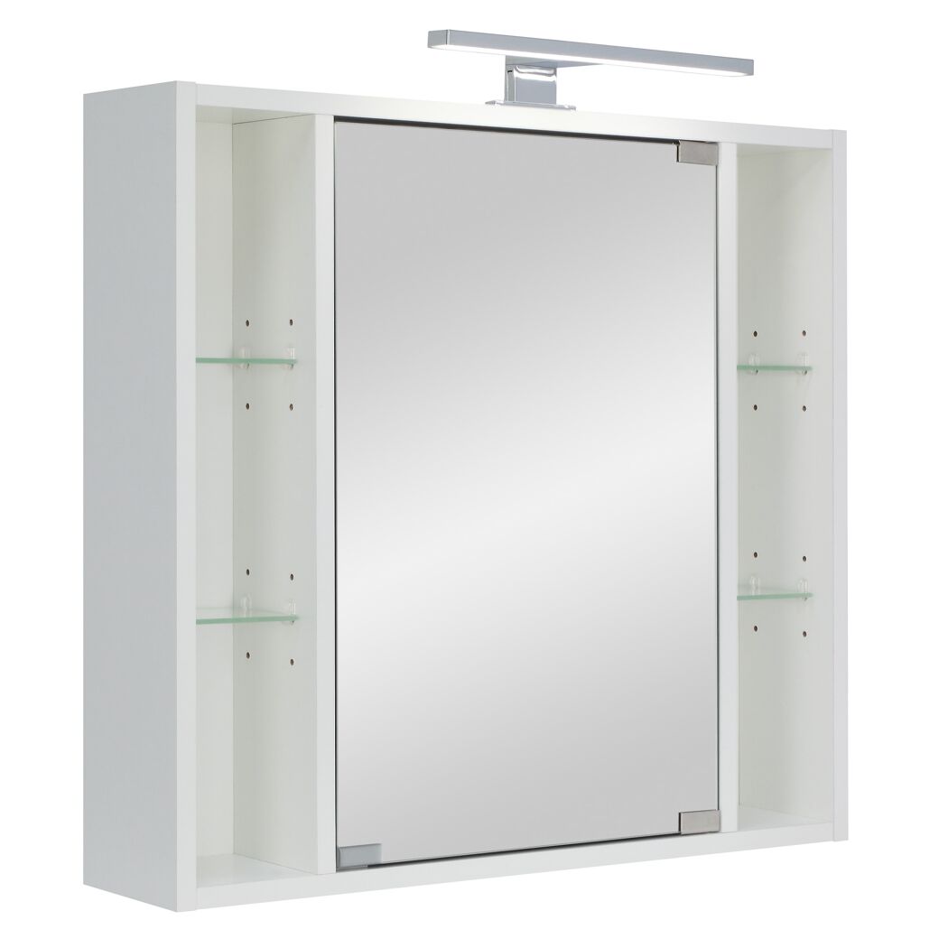 Weißer Spiegelschrank mit Beleuchtung und Ablagefächern.