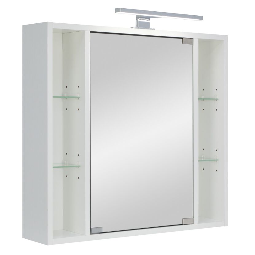 Weißer Spiegelschrank mit Beleuchtung und Ablagefächern.