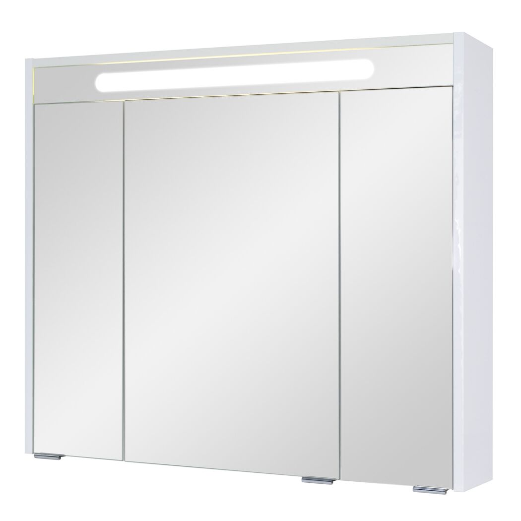 Weißer LED-Spiegelschrank mit drei Spiegeltüren.