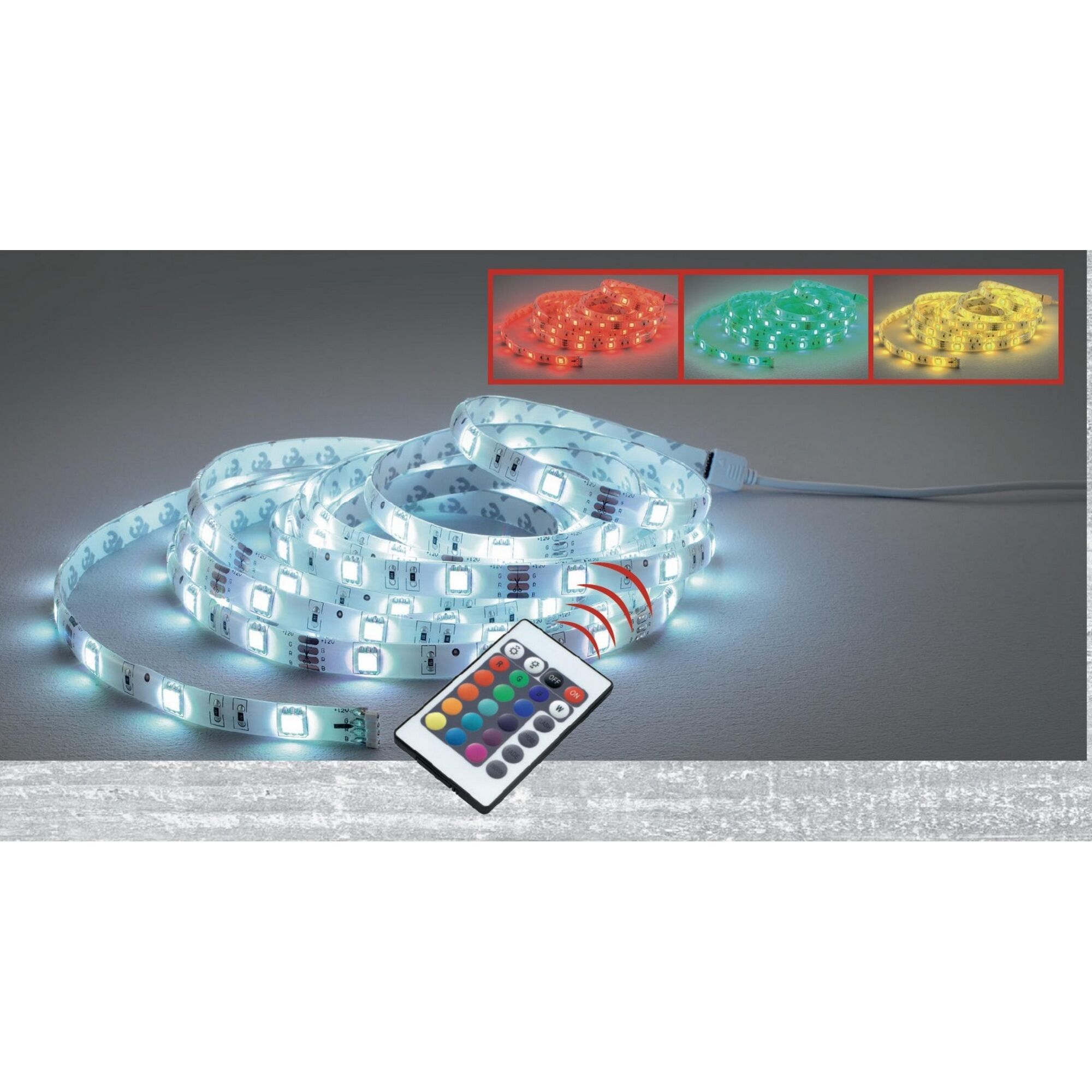 LED-Band mit Fernbedienung in verschiedenen Farben.