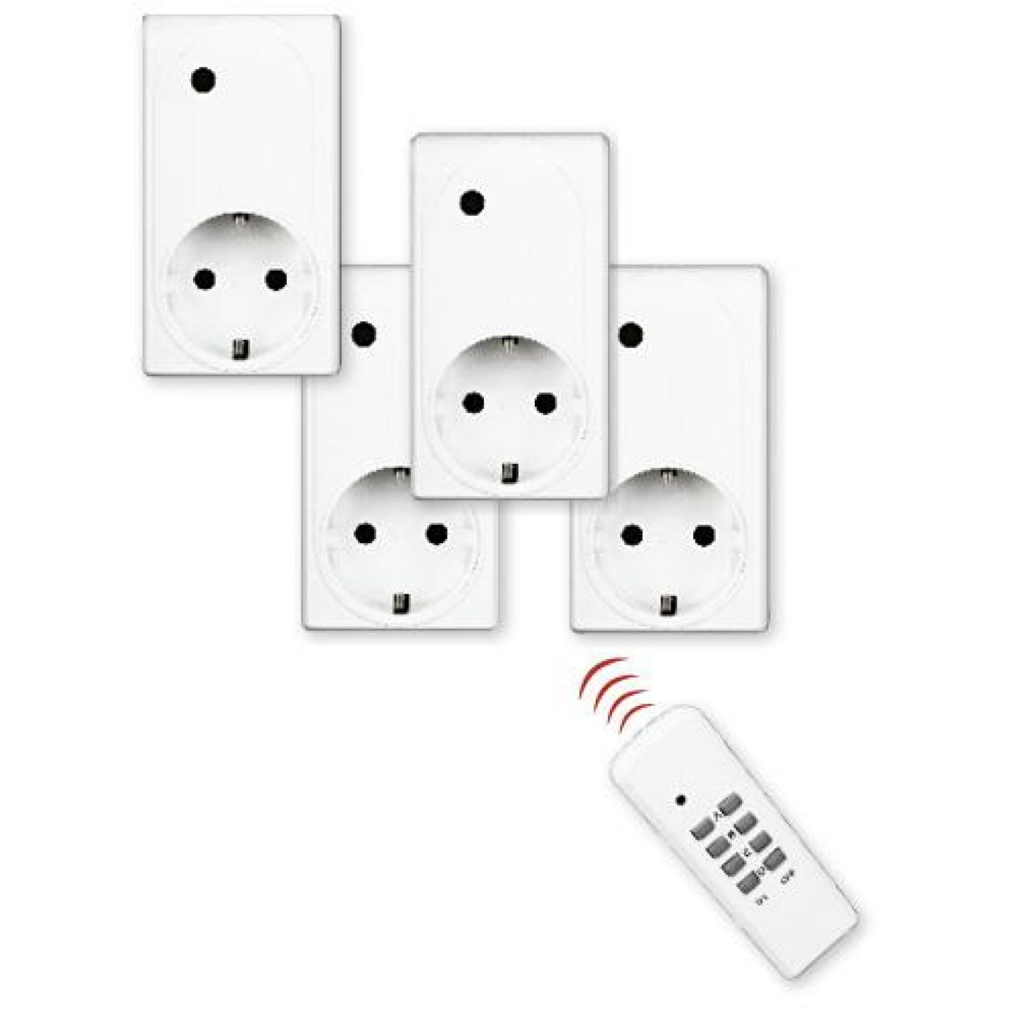 Vier Funksteckdosen und eine Fernbedienung.