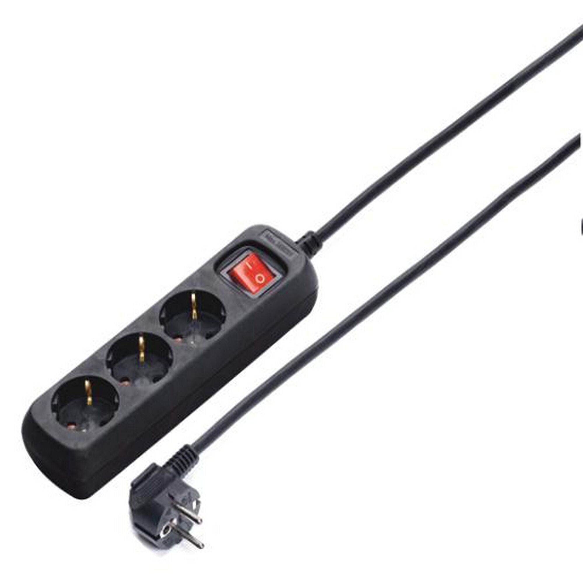 Schwarze Steckerleiste mit drei Steckdosen und Schalter