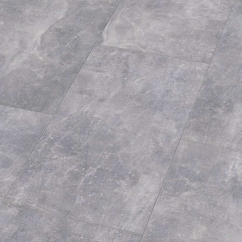 Grauer Laminatboden in Fliesenoptik