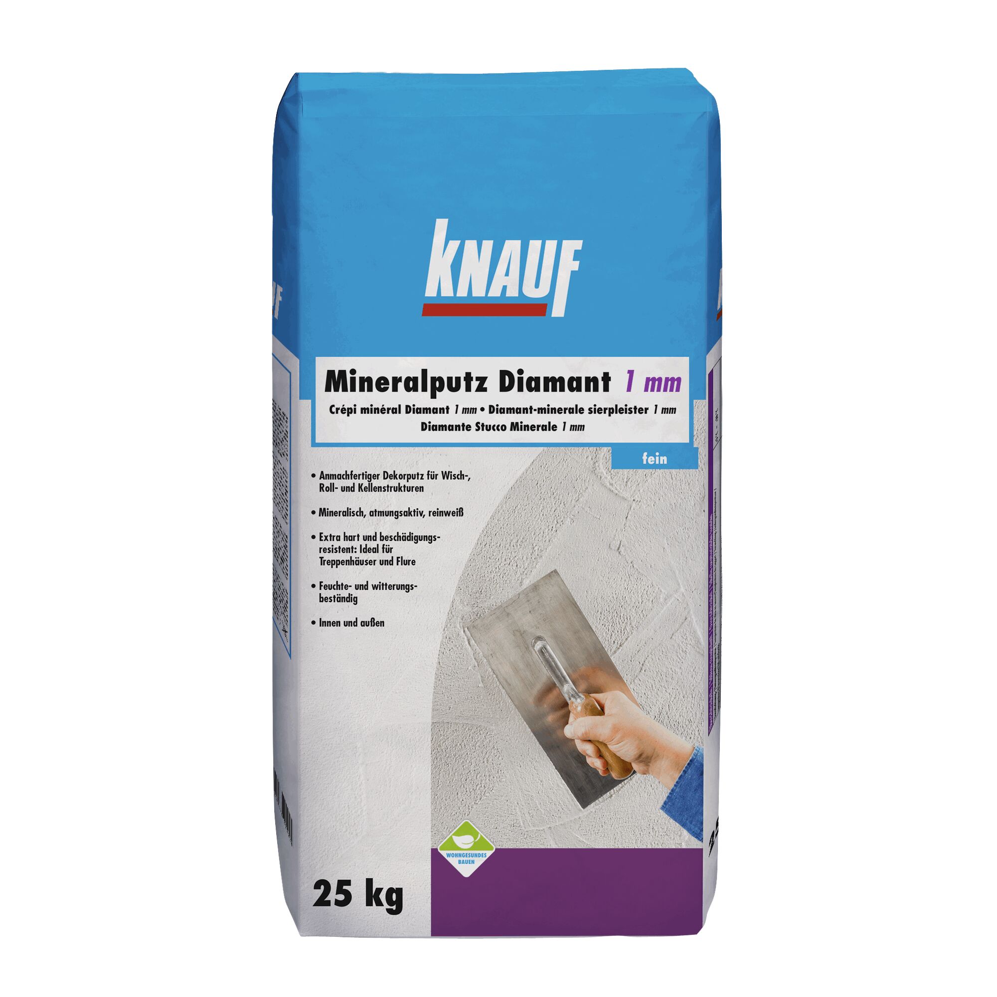 Person trägt Knauf Mineralputz Diamant mit Kelle auf.