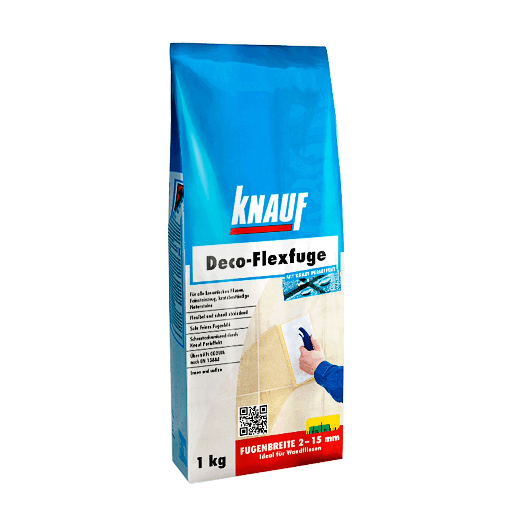 Knauf Deco-Flexfuge, 1 kg Beutel. Person verfugt Fliesen.