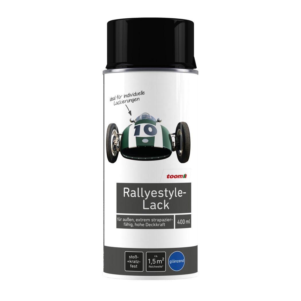 Schwarze Sprühdose mit Rallyestyle-Lack von toom