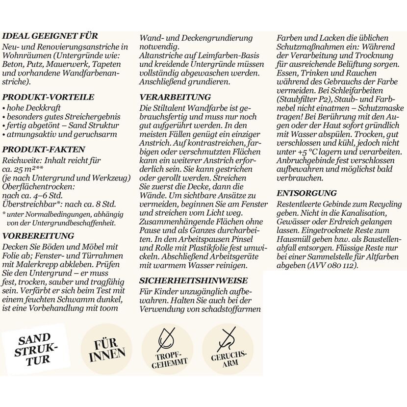 Stiltalent Wandfarbe, Sandstruktur, für Innen, tropfgehemmt, geruchsarm