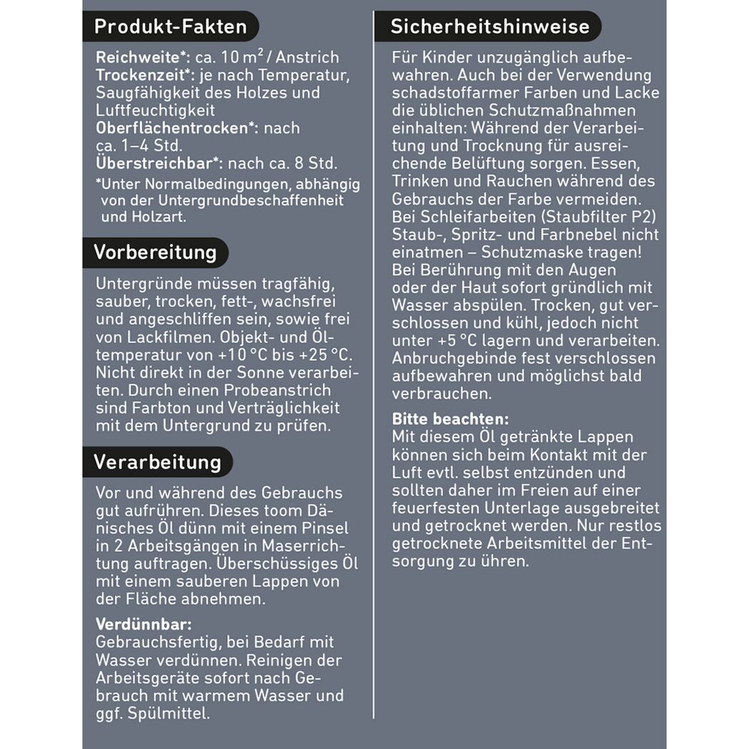 Produktinformation und Sicherheitshinweise für toom Dänisches Öl
