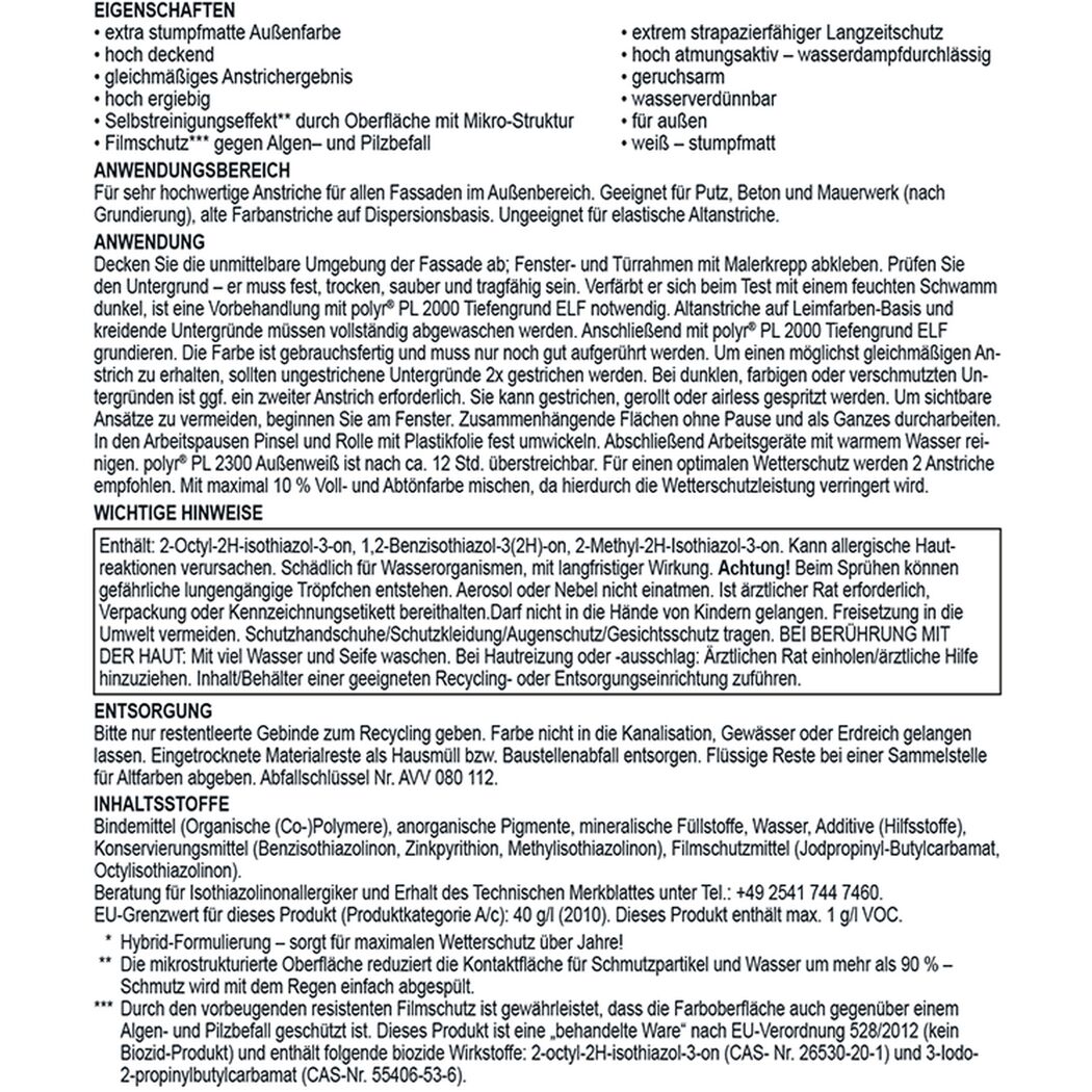 Gebrauchsanweisung für weiße Fassadenfarbe polyr PL 2300