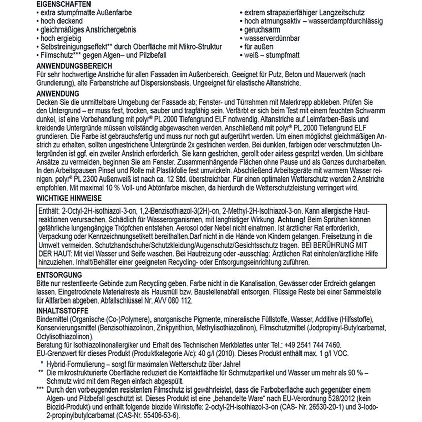 Gebrauchsanweisung für weiße Fassadenfarbe polyr PL 2300