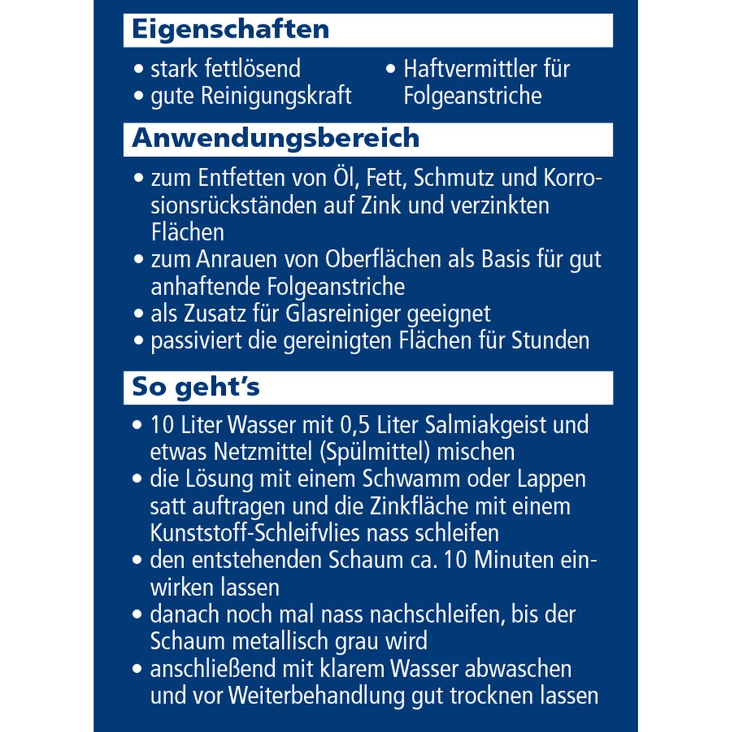 Anleitung zur Reinigung von Zinkflächen mit Salmiakgeist.